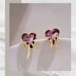 紫色鋯石愛心蝴蝶結耳釘