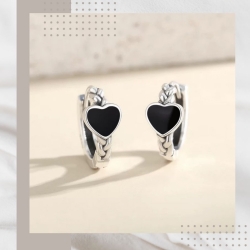 金工手作黑色愛心編織純銀耳環