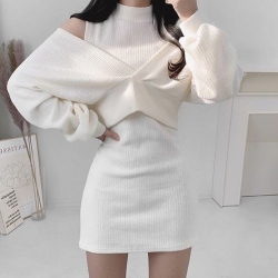 【HLF JYH】秋冬韓版套裝穿搭 法式氣質洋裝 赫本風白色 針織 簡約洋裝 千金高級感收腰顯瘦連衣裙