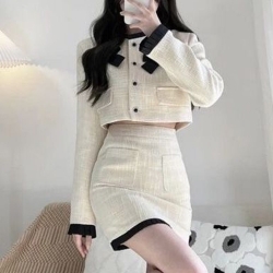 【HLF JYH】韓國連線·正韓 小香風毛呢外套+排釦短裙兩件式套裝 小香外套 小香風套裝 夾克 高腰 編織