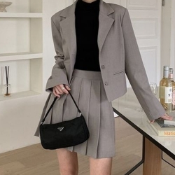 【HLF JYH】韓國連線·正韓 翻領短版西裝外套+百褶短裙兩件式套裝 氣質套裝 短版外套 高腰短裙 百褶裙