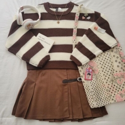 【HLF JYH】日式針織毛衣套裝 條紋針織毛衣 燈心絨百褶裙群