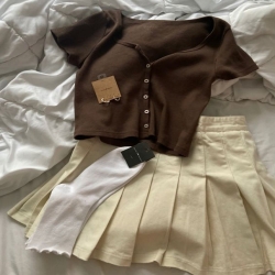 【HLF JYH】韓國連線·正韓 針織短版排釦上衣 百褶裙