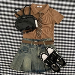 【HLF JYH】Y2K復古辣妹套裝 短版學院襯衫 牛仔裙(附腰帶.安全褲）