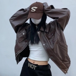 【HLF JYH】秋冬第一件皮衣 Bella風美式復古穿搭 慵懶高級感皮革外套 男女同款 寬鬆版型 可搭配裙子/長褲! 咖啡色