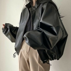 【HLF JYH】秋冬第一件皮衣 Bella風美式復古穿搭 慵懶高級感皮革外套 男女同款 寬鬆版型 可搭配裙子/長褲! 黑色