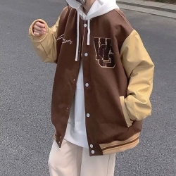  【HLF JYH】棒球外套  夾克外套 學生美式復古大學T女ins酷街頭棕色棒球服刷毛高街男友