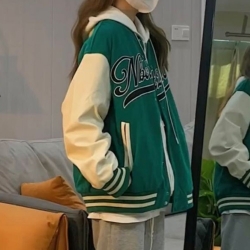  【HLF JYH】棒球外套 冬外套 夾克外套 學生美式復古大學T女ins酷街頭綠色棒球服刷毛高街男友