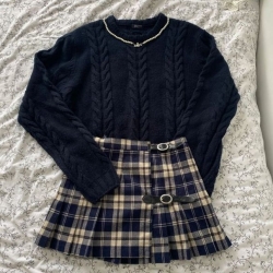 日系 套裝 兩件套 針織上衣  格子百褶裙 牛仔裙 荷葉邊 針織襯衫 百褶群 學院森林系顯瘦女裝 