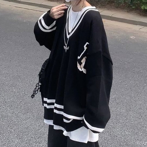 【HLF JYH】韓版慵懶風V領寬鬆毛衣 針織上衣 長袖上衣 女裝 衣服 寬鬆上衣 顯瘦上衣 冬裝 長袖t恤 素T