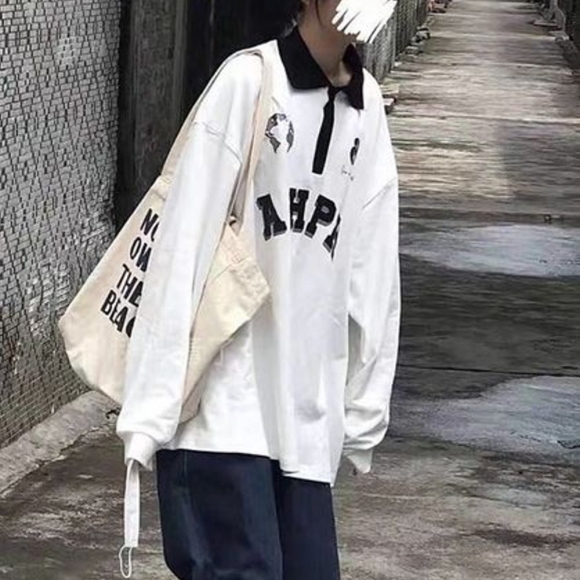 【HLF JYH】大學t polo領 美式復古上衣 長袖上衣 翻領 衛衣女 設計感上衣 ins 風衣服 長袖衛衣 設計感上衣