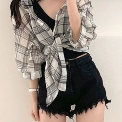 黑色牛仔高腰破褲