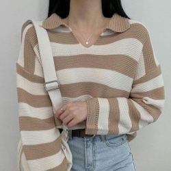 條紋針織翻領上衣