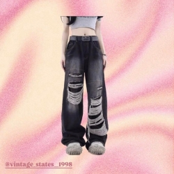 破洞流蘇闊腿褲