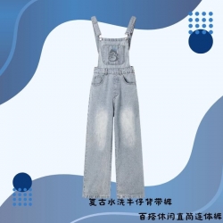复古水洗牛仔背帶褲  百搭休闲直筒连体裤-女裝