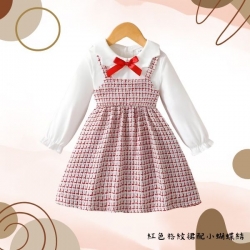 紅色格紋裙配小蝴蝶結 -童裝
