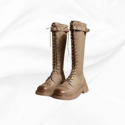 {台灣出貨} 高筒長靴 綁帶款 奶茶色 女鞋