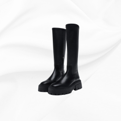 女鞋2024新款真皮彈力側拉鏈厚底高筒騎士靴