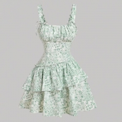 綠色碎花吊帶小洋裝